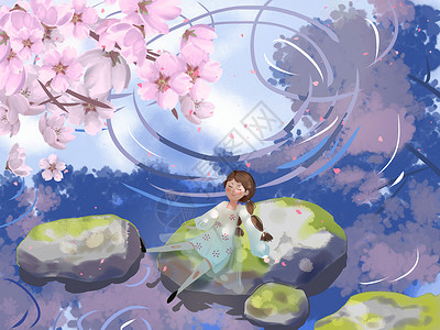 小清新风格樱花湖里休息的女孩插画