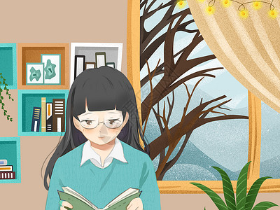 小清新风格在家看书的女孩图片