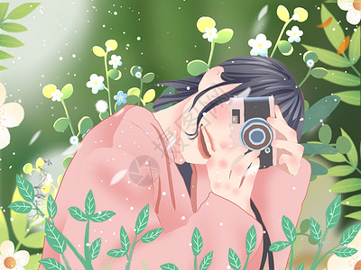 小清新风格春天在花丛拍照的女孩背景图片