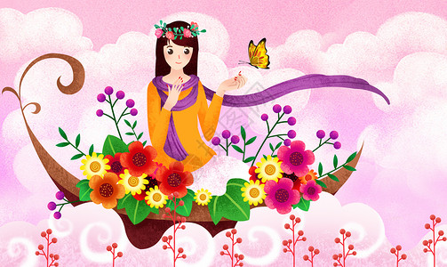 丝带美女手绘女神节鲜花美女插画插画