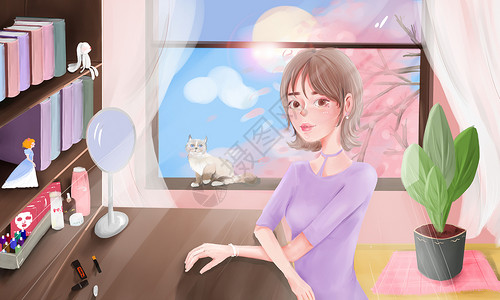 春韵舞动午后的猫咪与女孩插画