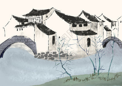 中国风的徽派建筑水墨江南的房子插画