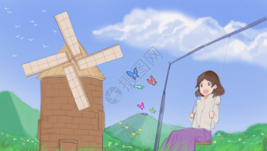 荷兰风车插画春天荡秋千的少女高清图片