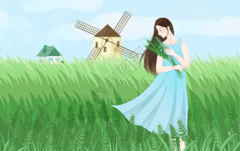 荷兰风车插画春天田野里的少女gif高清图片