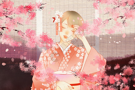 日系复古樱花节和服女孩插画