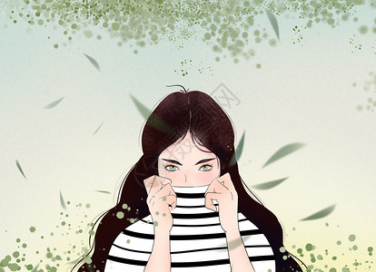 书籍壁纸绿色中式小清新可爱条纹衣服女孩插画插画