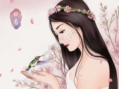 头戴花环的女孩报春高清图片