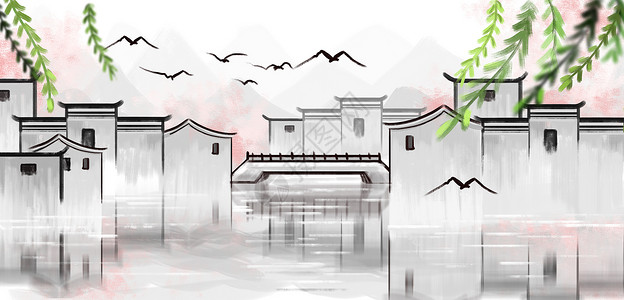 中国风江南水乡手绘背景图片