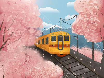 日本樱花列车风景插画背景图片