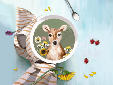 手绘勺子和汤圆清新小鹿创意插画gif高清图片