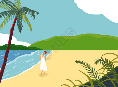 沙滩礁石走在海边的女孩插画