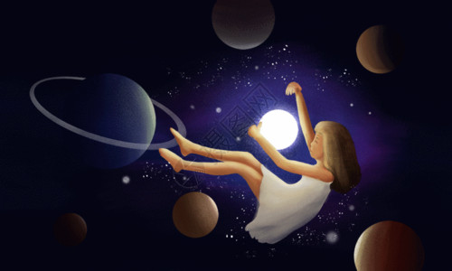 月球星球女孩的梦幻星空gif高清图片