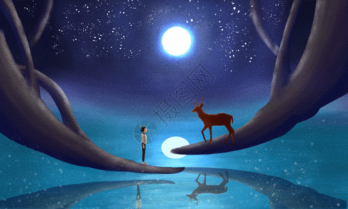 月亮与礼盒男孩与鹿gif高清图片