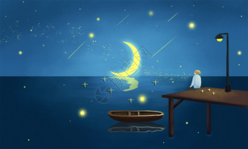 梦幻月亮船坐在湖边的小男孩高清图片