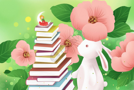 黑色和白色的花朵兔子和书的世界gif高清图片