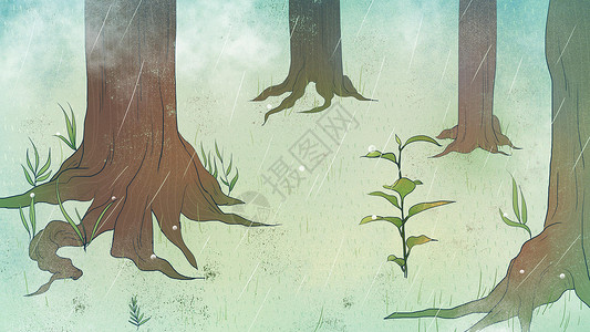 绿色小清新树林里小草生长春天插画背景图片