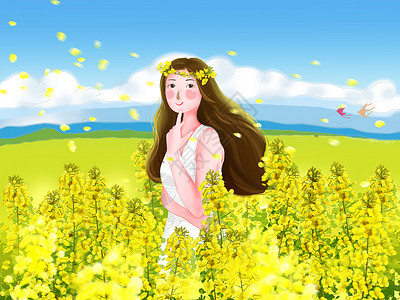 5月春茶节字体设计油菜花海中的女孩插画