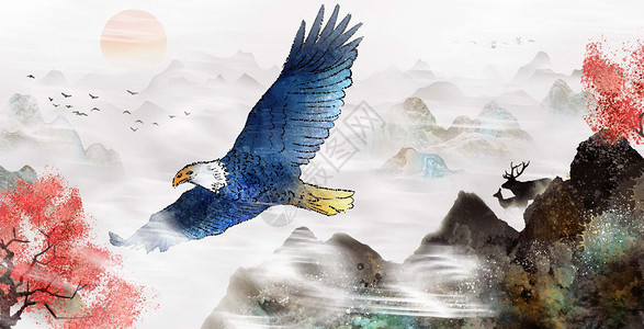 风景励志手绘老鹰水墨创意中国风插画