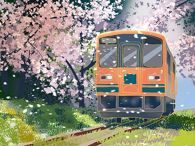 樱花节素材小清新风格插画樱花节樱花电车插画