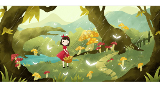 卡通草地和树木女孩采蘑菇gif高清图片