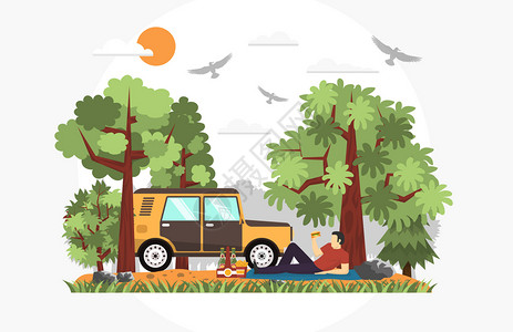 运输小车春天一个人的露营插画