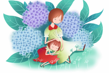 绿叶和千纸鹤绣球花丛里的母女gif高清图片
