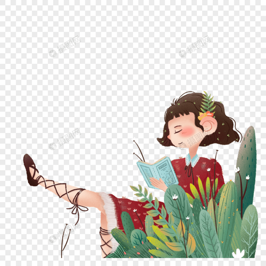 坐在植物中看书的女孩图片