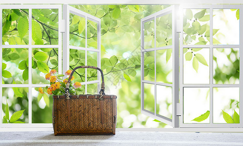 绿色篮子窗外的春天设计图片