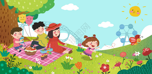 小朋友野餐春天公园郊外亲子游插画
