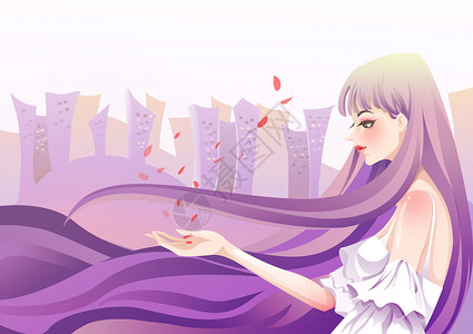 紫色爱心花朵美女人物插画插画