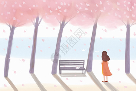 海边长椅樱花树下插画