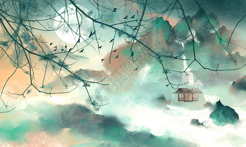 小房子为鸟中国风插画插画