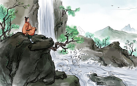 飞水瀑布中国风踏青插画