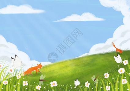 春天的蜻蜓草坡上的风景插画