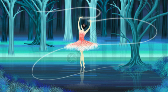 画树跳舞的女孩梦幻场景插画gif高清图片