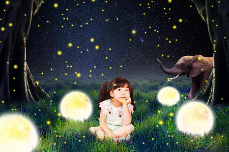 卡通可爱蒲公英萤火虫月光装饰星空下的女孩设计图片