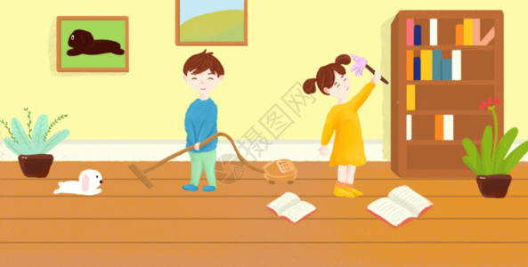 女孩家劳动节卡通人物打扫卫生GIF高清图片