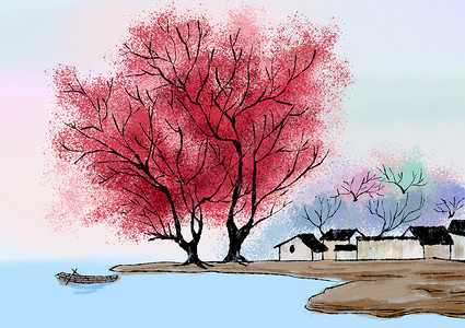 水墨房屋水墨水彩的村庄树木插画