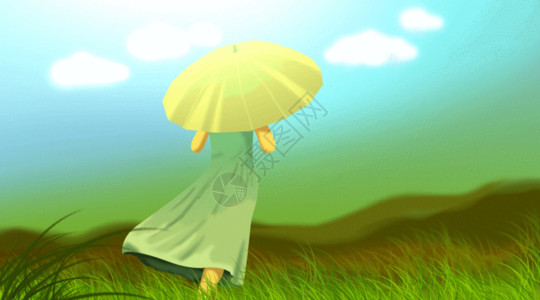 坐船打伞的少女草地中的少女gif高清图片
