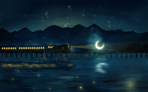 湖面夜晚火车和月亮gif高清图片