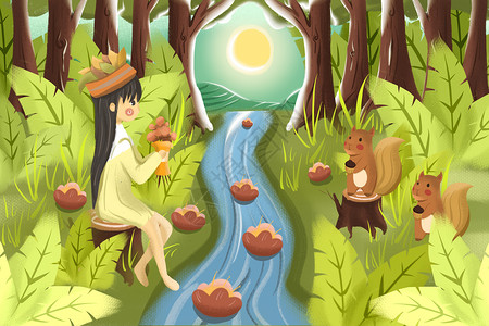 传统节气春分森林春姑娘可爱动物插画背景图片