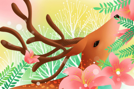 花与叶花与麋鹿唯美插画gif动图高清图片