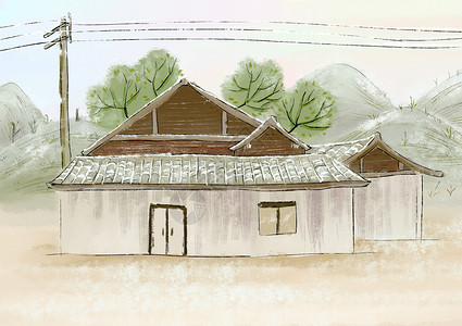 木板房水墨风的房子插画