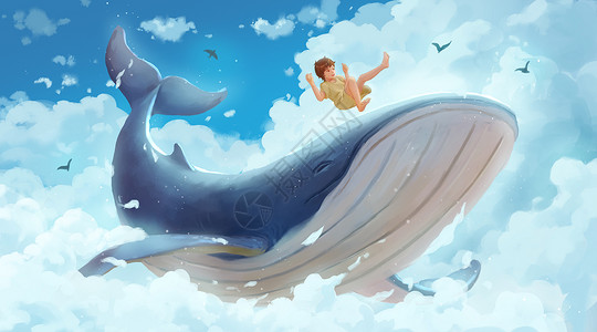 开心陪伴与鲸鱼在云层嬉戏的女孩插画