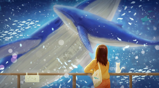 学生参观水族馆看鲸鱼的女孩插画
