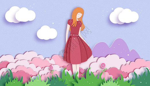 折纸风可爱女生站在花丛中插画