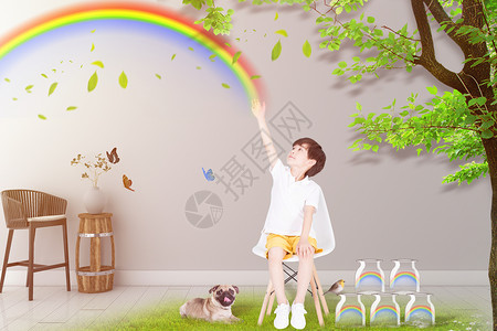 草地小狗采集彩虹的小孩设计图片