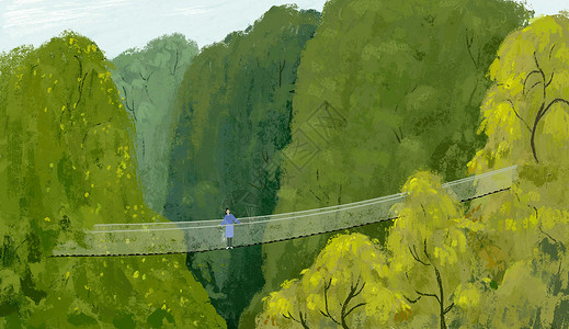 森林里吊桥踏青插画