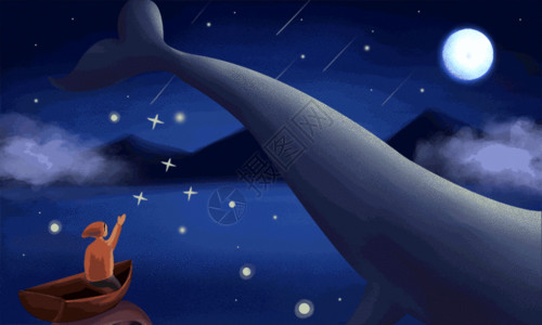 月光下鲸鱼水上夜晚GIF高清图片