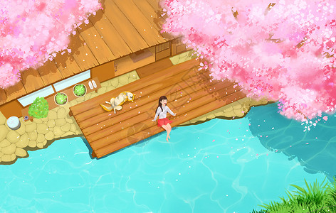 穿泳衣的女孩坐在院子里赏花的女生插画